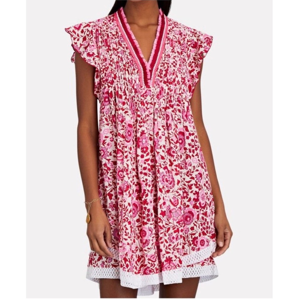 Poupette St Barth Sasha Mini Dress M Red White Celery Fringe Floral Boho Resort